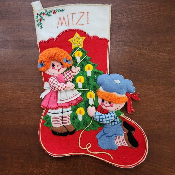 Vintage Bucilla Reggity Ann & Andy Felt Sequin Handmade Stocking 15